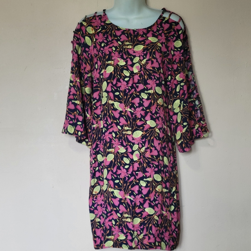 Farm Rio Mini Dress Leafy Print Size G Large Ladder Sleeves Vacation Brunch